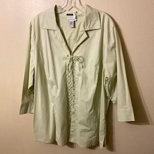 Avenue Plus Size 22/24 Sage Green Cotton Lace-Up Poet Stretch Blouse 3/4 Sleeve